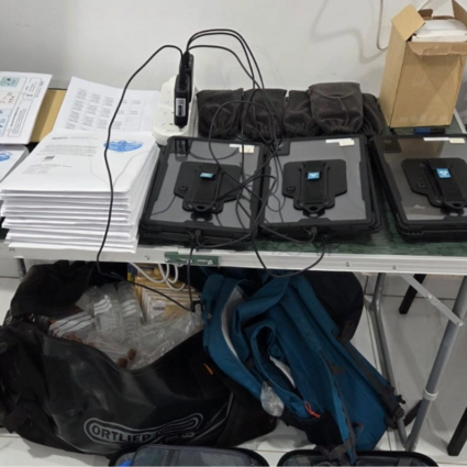 Backpacks, tablets, and documents on a table 